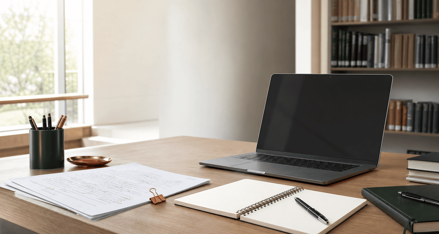 A quiet study desk with a laptop, notebook, pen, and marked draft papers.